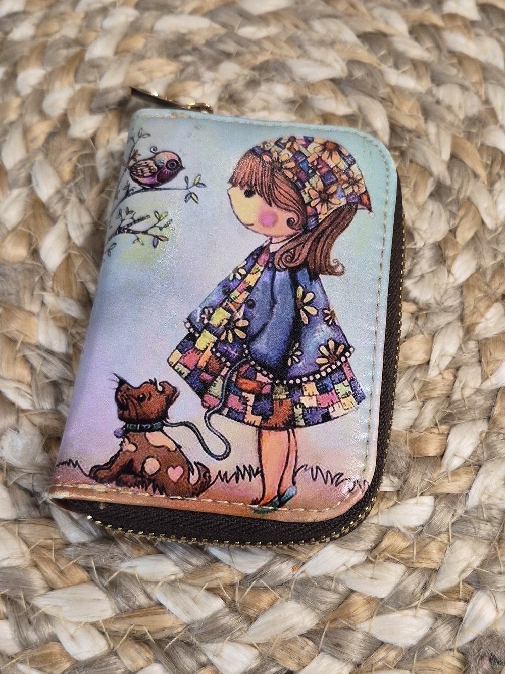 Pastel Blue Girl Illustration Zip Wallet - Cute Printed Card Purse